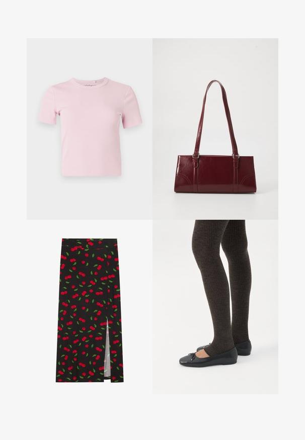 Lyserød kortærmet, ribstrikket t-shirt med rund halsudskæring og en tætsiddende pasform. Stoffet har en blød tekstur og sparsomme detaljer.; Sort nederdel med et kirsebærprint, der viser røde kirsebær og grønne blade. Indeholder en sidesplit for ekstra designfunktion.; Ben iført mørke ribbede leggings kombineret med sorte balletsko med små sløjfedetaljer på hvid baggrund.; Bordeaux håndtaske lavet af glansfuldt materiale, rektangulær form, med to skulderremme og subtile buede detaljer på forsiden.