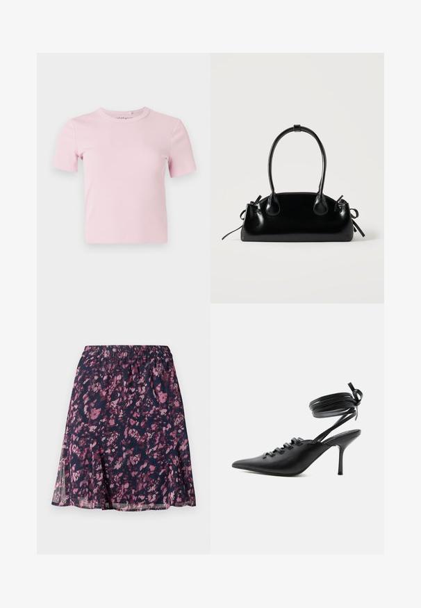 Camiseta de manga corta en rosa claro con tejido acanalado, cuello redondo y diseño ajustado. La tela tiene una textura suave y detalles mínimos.; Falda marina con cintura elástica, que presenta un patrón abstracto de flores en tonos rosa y púrpura, y un dobladillo ligeramente acampanado.; Zapato de tacón alto negro con punta puntiaguda, con cordones en la parte delantera y correas que rodean el tobillo atadas con un lazo, mostrado de lado sobre un fondo blanco.; Pequeño bolso negro brillante con dos asas largas y detalles de cordón lateral sobre un fondo claro liso.