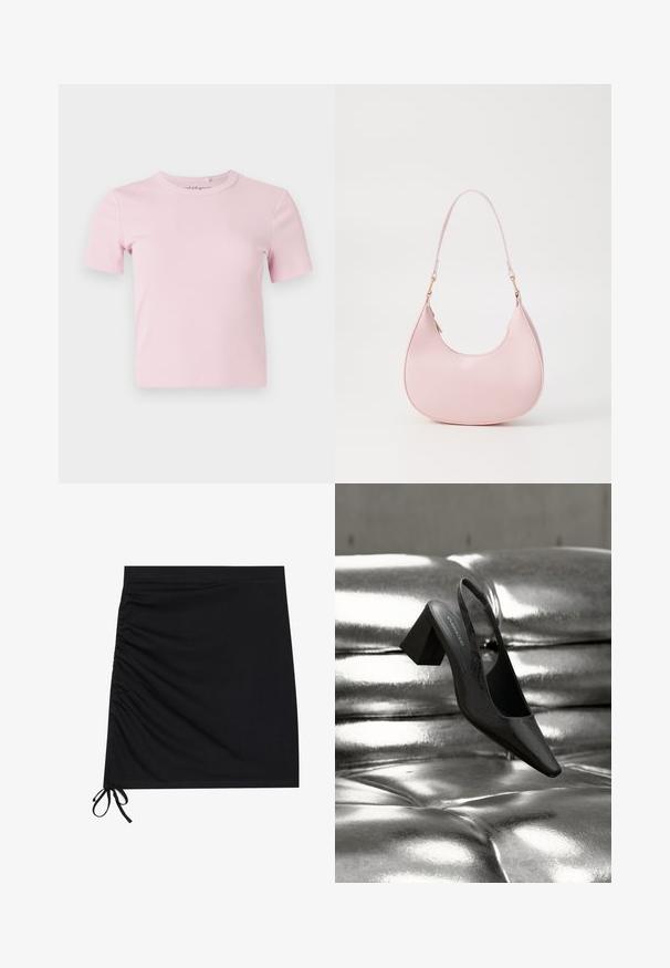Lyserød kortærmet, ribstrikket t-shirt med rund halsudskæring og en tætsiddende pasform. Stoffet har en blød tekstur og sparsomme detaljer.; Sort mini nederdel lavet af blødt stof, med sidelæg og snører ved kanten. Glat tekstur med en tætsiddende silhuet.; Sort slingback-hæl med spids tå, der har en tekstureret overflade og en chunky blokhæl. Lagt mod en skinnende, metallisk baggrund.; Call it Spring CELESTY - Håndtasker - other pink