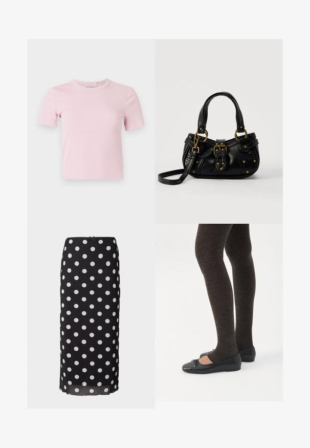 Lyserød kortærmet, ribstrikket t-shirt med rund halsudskæring og en tætsiddende pasform. Stoffet har en blød tekstur og sparsomme detaljer.; Sort midiskirt med prikket mønster lavet af letvægtsstof med hvide cirkulære mønstre, som har en tætsiddende talje og en subtil scalloped kant.; Ben iført mørke ribbede leggings kombineret med sorte balletsko med små sløjfedetaljer på hvid baggrund.; Sort læderhåndtaske med guldbælge og nitdetaljer, korte håndtag og en justerbar skulderrem på en ensfarvet hvid baggrund.