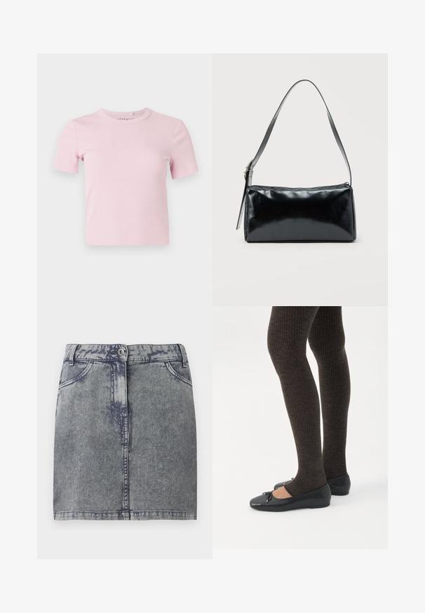 T-shirt côtelé rose clair à manches courtes avec un col rond et une coupe ajustée. Le tissu a une texture douce et un design minimaliste.; Jupe en denim grise à délavage fondu, avec poches avant, fermeture par bouton et ourlet droit. Tissu texturé.; Jambes portant des leggings côtelés foncés associés à des ballerines noires avec de petits détails en nœud sur fond blanc.; Sac d'épaule rectangulaire noir avec une sangle réglable unique et une fermeture éclair supérieure sur un fond uni.