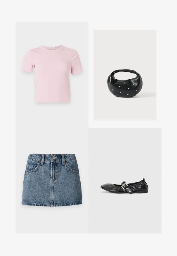 Lyserød kortærmet, ribstrikket t-shirt med rund halsudskæring og en tætsiddende pasform. Stoffet har en blød tekstur og sparsomme detaljer.; Denim mini nederdel i middelblå vask, med en tætsiddende talje, forlommer og subtile syninger. Glat, struktureret stoffinish.; Sorte læder flade sko med spids tå, samling detaljer omkring åbningen, og en sølv spænde accent på den justerbare rem.; Sort læderhåndtaske med en rundet form, dekoreret med sølvnitter, og et kort håndtag. Glat tekstur og lynlåslukning.
