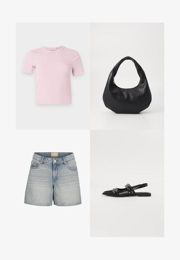 Hellrosa kurzärmeliges, geripptes T-Shirt mit Rundhalsausschnitt und tailliertem Schnitt. Der Stoff hat eine weiche Textur und minimalistische Details.; Helle blaue Denim-Shorts mit hoher Taille, ausgestattet mit einem Knopfverschluss, fünf Taschen und subtilen Ausbleichungen für einen texturierten Look.; Even&Odd by Zalando Sling-Ballerina - black; Schwarze gewebte Handtasche mit einem gebogenen Griff, die eine strukturierte Oberfläche und eine lässige Form hat. Glatte Oberfläche mit einer organischen Silhouette.