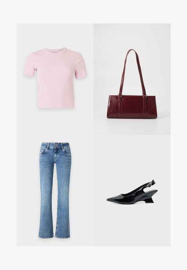 Hellrosa kurzärmeliges, geripptes T-Shirt mit Rundhalsausschnitt und tailliertem Schnitt. Der Stoff hat eine weiche Textur und minimalistische Details.; Blaue Jeans mit weit ausgestelltem Bein und hoher Taille, Doppelknopfverschluss, fünf Taschen und gestickten Details an den Nähten.; Schwarzer Slingback-Schuh aus Lackleder mit spitzer Spitze und niedrigem, schrägem Blockabsatz auf einfachem hellem Hintergrund.; Burgunderfarbene Handtasche aus glänzendem Material, rechteckige Form, mit zwei Schulterriemen und subtilen, geschwungenen Akzenten an der Vorderseite.