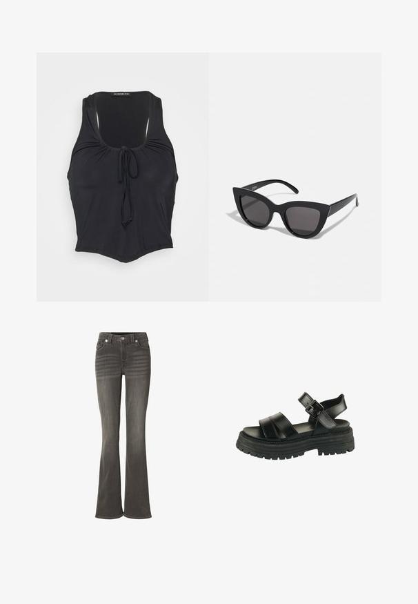 Even&Odd Top - black; Pantalones vaqueros acampanados grises hechos de mezclilla, con un diseño clásico de cinco bolsillos, costuras visibles y cierre de cremallera con botón metálico.; Sandalia negra con suela gruesa, dos tiras anchas delante, tira en el tobillo y hebilla plateada sobre fondo blanco.; Gafas de sol negras en forma de ojo de gato con un acabado mate, que presentan lentes ahumados grises, ángulos pronunciados y brazos laterales elegantes. Nombre de la marca visible en el interior del brazo.