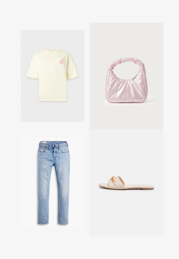 Offwhite kurzärmeliges T-Shirt mit einem kleinen rosa Hibiskus-Design auf der oberen linken Brust.; Helles blaues Jeans mit geradem Schnitt, zwei vorderen Taschen und einem Knopfverschluss. Mit einer verwaschenen Textur und leichtem Verblassen in der Nähe der Knie.; Beige Rutsch-Sandalen mit offenen Zehen, flacher Sohle und dekorativen metallischen Kettenakzenten am Riemen. Glattes Material mit minimaler Textur.; Rosa, gepolsterte Handtasche mit abgerundeter Form, aus glänzendem Material gefertigt. Verfügt über einen gerafften Griff und einen Reißverschluss für sicheren Zugang.