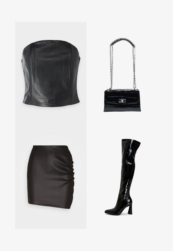 Sort læder strapless top med en tætsiddende pasform, glat tekstur og subtile sømme langs kroppen for et skræddersyet udseende.; Sort mini skirt lavet af glat syntetisk materiale, med rynket detaljer på den ene side og en tætsiddende silhuet.; Sorte laklæderstøvler, der går til låret, med spids snude, firkantet blokhæl og glat, blank tekstur. Ingen synligt hardware.; Sort håndtaske i krokodilletekstureret læder med sølvfarvet drejelås og lang sølvkæde med læder skulderpude.