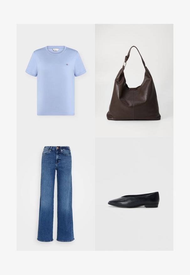 T-shirt bleu clair à manches courtes et col rond, avec petit logo brodé sur la poitrine gauche et étiquette GANT à l'intérieur de l'encolure.; Jean bleu à jambes larges en denim, avec une taille haute, cinq poches et une fermeture à boutons. Délavage subtil et détails de couture visibles.; Chaussure plate en cuir noir avec un bout pointu, un léger talon surélevé et une surface lisse. Design simple sans matériel ou motifs visibles.; Zign Cabas - chocolate brown
