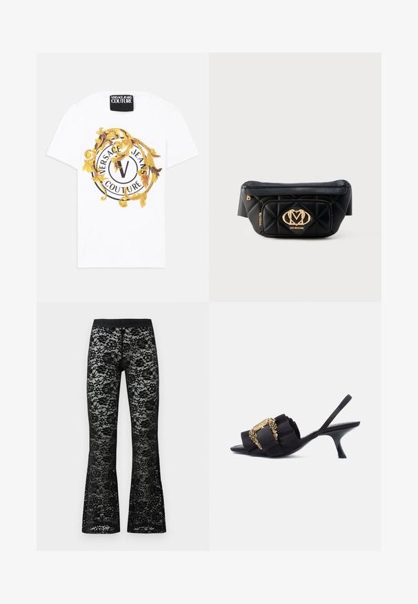 Weißes Baumwoll-T-Shirt mit einem runden Grafikdesign, das schwarze und goldene Motive enthält, darunter ein kreisförmiges Logo und dekorative Elemente.; Schwarze spitzen Schlaghosen mit Blumenmuster, elastischem schwarzen Bund, transparenter Textur und figurbetontem Schnitt.; Schwarzer Slingback mit kleinem Katzenabsatz, gerafftem Riemen und verzierten goldenen Schnallendetails vor weißem Hintergrund.; Schwarze gesteppt Leder-Gürteltasche mit goldener Love Moschino Logo-Plakette und vorderer Reißverschlusstasche auf weißem Hintergrund.