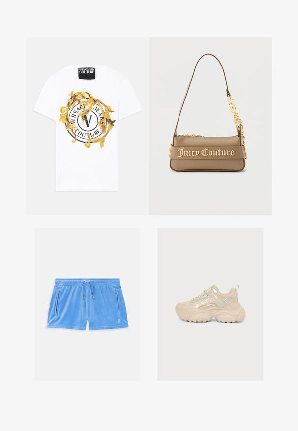 Weißes Baumwoll-T-Shirt mit einem runden Grafikdesign, das schwarze und goldene Motive enthält, darunter ein kreisförmiges Logo und dekorative Elemente.; Himmelblaue Velours-Shorts mit einem elastischen Bund, Kordelzug und zwei seitlichen Reißverschlusstaschen. Mit einem kleinen gestickten Logo auf dem Oberschenkel.; Klobiger beiger Sneaker mit dicker Sohle, Schnürung vorne, Zuglasche an der Ferse und metallischem Zebramuster-Detail an der Seite.; Schultertasche von Juicy Couture in Taupe mit goldener Kettendetail und goldfarbenem Logo-Schriftzug auf dem vorderen Riemen, Reißverschluss am oberen Verschluss.