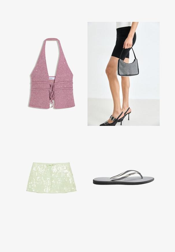 Pletený halter top v zamatovej ružovej farbe s predným šnurovaním a jemnými trblietavými detailmi, bez rukávov s hlbokým výstrihom do tvaru V.; Svetlozelená mini sukňa s flitrami a šnúrkou v páse, zobrazená na čistom bielom pozadí.; Jedna strieborná a biela žabka s textúrovanou stielkou a vzorovanými remienkami, zobrazená v bočnom pohľade na bielom pozadí.; Čierna korálková kabelka s zakriveným siluetom, nosnou rukoväťou a lesklou textúrou. Nosená s vysokými čiernymi topánkami na opätku a priliehavými čiernymi šortkami.