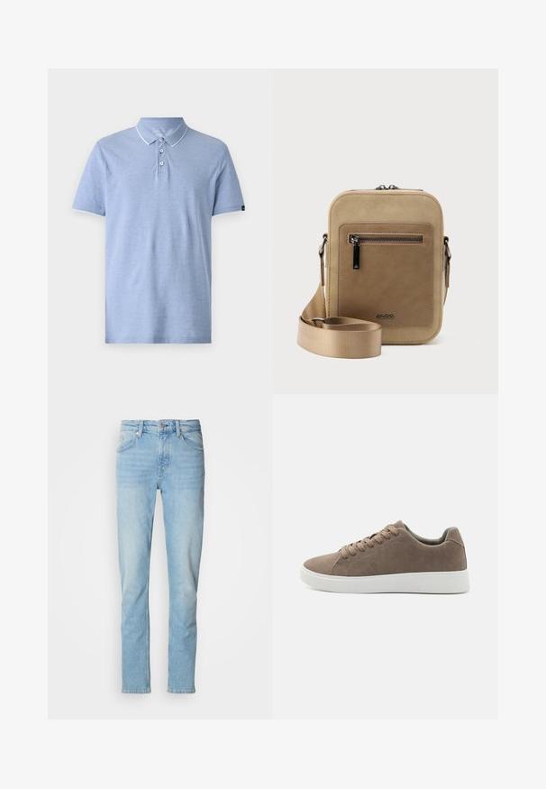 Lichtblauw poloshirt van zacht materiaal. Heeft een kraag, drie knopen en een witte rand op de kraag en mouwen. Klassiek fitting ontwerp.; Lichtblauwe jeans van denim, met een rechte pasvorm, vijf zakken, riemlussen en een knoopsluiting.; Bruine suède sneakers met platte witte rubberen zolen, vetersluiting, ronde neus en een gladde textuur. Minimalistische stijl met subtiele stikdetails.; Kleine beige crossbodytas met een voorvak met ritssluiting, metalen ALDO-logo, verstelbare brede band en afgeronde rechthoekige vorm op een witte achtergrond.
