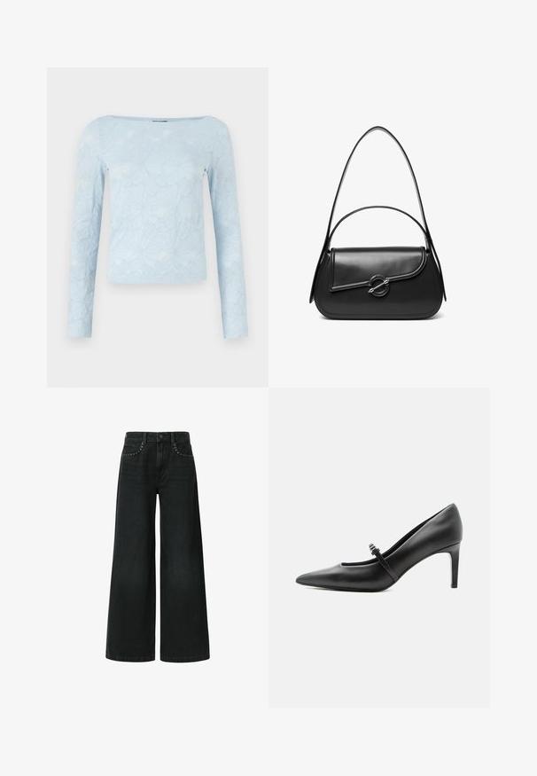 Top de manga larga azul claro con un patrón floral texturizado, escote cuadrado y diseño ajustado. Fabricado con un material suave y ligero.; Vaqueros negros de pierna ancha, confeccionados en mezclilla, con un diseño clásico de cinco bolsillos y remaches decorativos cerca de los bolsillos delanteros.; Zapato de tacón alto de cuero negro con punta puntiaguda, con tira fina y hebilla sobre el empeine, sobre fondo claro y neutro.; Bolso de hombro de cuero negro con una solapa curva asegurada por un broche metálico redondo y una correa delgada y ajustable.