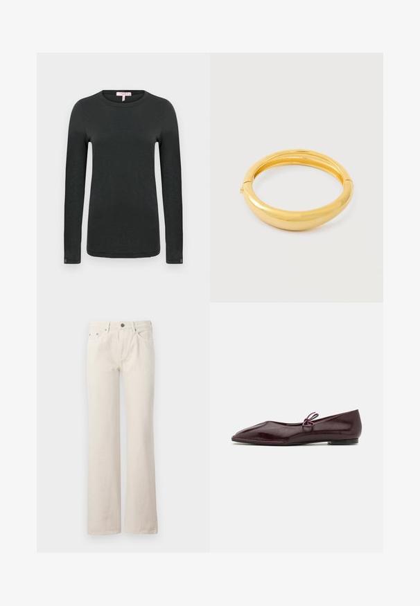 rag & bone THE SLUB - Longsleeve - black; Beige wijde jeans van katoen, met voorzakken, een rits en een subtiele textuurafwerking. Klassiek ontwerp met een relaxte pasvorm.; Ballerina's in bordeaux patenta leder met een spitse neus en een decoratieve paarse strik op de wreef; ontwerp met platte zool.; Gepolijste gouden oorbel in een ronde, gladde vorm met een scharnierende sluiting, afgebeeld op een witte achtergrond.