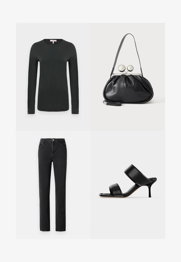rag & bone THE SLUB - Pikkade varrukatega topp - black; Musth denim püksid kõrge vöökoht, sirge jalaga disain, viis taskut ja nupuga sulgemine koos metallist detailidega.; Mustast nahast mule-tüüpi sandaal kahe laia rihmaga ja õhukese keskmise kõrgusega kontsaga lihtsal heledal taustal.; Mustast nahast käekott kogutud disainiga, ühe rihmaga, hõbedase metallraamiga ja kahe suure ümmarguse hõbedase klambriga.
