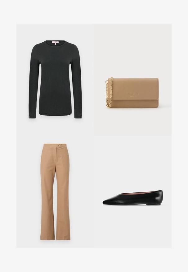 rag & bone THE SLUB - T-shirt à manches longues - black; Pantalons beiges ajustés avec une silhouette évasée, fabriqués dans un tissu lisse, comportant une fermeture à bouton sur le devant et deux poches latérales.; Chaussure plate en cuir noir pour femme, avec bout pointu et petit talon, vue de côté sur un fond gris clair uni.; Portefeuille en cuir beige à rabat, avec une bandoulière chaîne dorée et un logo embossé sur le devant. Texture lisse, forme rectangulaire.
