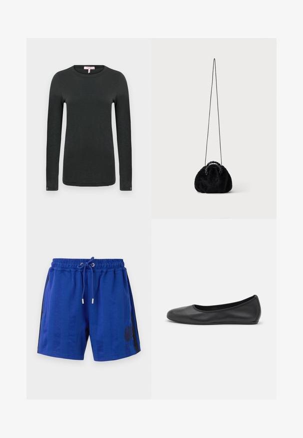 rag & bone THE SLUB - Camiseta de manga larga - black; Pantalones cortos deportivos azules con una cintura elástica, cordón, rayas negras laterales y un diseño de heráldica floral. Textura de tela suave.; Bailarina de piel negra con punta redondeada, textura suave, detalle de costura minimalista y diseño de suela flexible.; Pequeño bolso negro de pelo sintético con asas superiores trenzadas y larga correa delgada para el hombro sobre fondo liso.