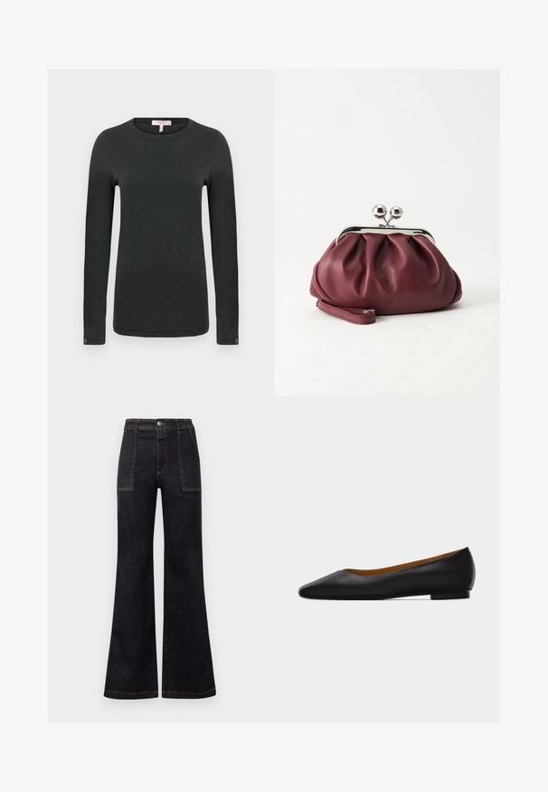 rag & bone THE SLUB - Camiseta de manga larga - black; Vaqueros de mezclilla oscuros acampanados con una cintura alta, con costuras naranjas y dos bolsillos frontales. Textura suave, acabado limpio, diseño clásico.; Zapato plano de punta puntiaguda de cuero negro con tacón bajo y acabado liso, mostrado de perfil sobre un fondo gris claro.; Pequeño bolso de mano de cuero burdeos con cierre metálico plateado y correa de muñeca sobre un fondo blanco.