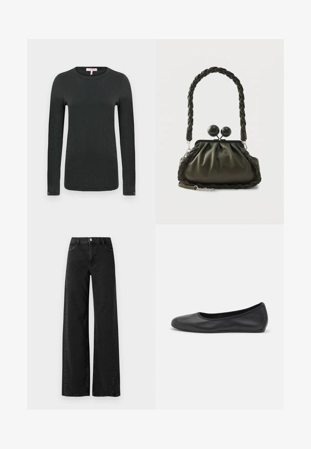 rag & bone THE SLUB - Longsleeve - black; Zwarte denim jeans met wijde pijpen en een hoge taille, met klassieke vijf-pocket styling en een knoopsluiting. Gladde textuur en subtiele stikdetails.; Zwarte leren ballerina met een ronde neus, gladde textuur, minimale stikdetails en een flexibele zoolontwerp.; Olijfgroene leren handtas met gevlochten handvat en zilverkleurige accenten, voorzien van een geplooid ontwerp en ronde sluitdetails aan de bovenkant.