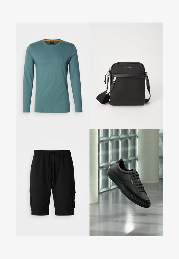 Langermige, ronde hals T-shirt in teal. Gemaakt van zachte katoen, met een klein vierkant logo-embleem aan de bovenlinkerkant. Glad oppervlak, casual ontwerp.; Zwarte cargoshorts gemaakt van lichtgewicht stof, met een elastische tailleband, een trekkoord en zijvakken voor extra opbergruimte.; Zwarte leren lage sneaker met zwarte veters en gouden "BOSS"-logo, zwevend in de lucht tegen een glasblokmuur en grijze vloer.; Zwarte schoudertas van textuurstof, met logo aan de voorkant, ritssluiting en verstelbare schouderband. Voorzien van een gladde leren rand.