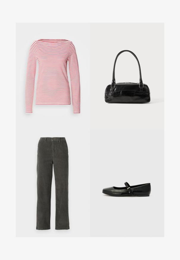 Chemise à manches longues avec des rayures horizontales rouges et blanches, en coton doux, col rond et silhouette cintrée.; Pantalons en velours côtelé gris avec une taille, fermeture à bouton à l'avant et deux poches latérales. Design à jambe droite et texture côtelée.; Ballerines en cuir noir avec un bout arrondi, une semelle plate et une fine sangle ajustable sur le cou-de-pied avec une boucle en métal.; Sac à main en cuir noir de forme rectangulaire, doté d'une seule ansse structurée, de quincaillerie argentée et d'une fermeture éclair. Texture lisse.