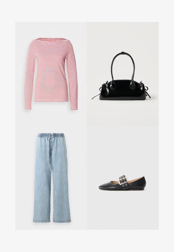 Chemise à manches longues avec des rayures horizontales rouges et blanches, en coton doux, col rond et silhouette cintrée.; Pantalon large en denim bleu clair avec taille élastique et cordon de serrage, poches avant et coupe décontractée.; Chaussure plate en cuir noir avec un bout pointu et une bride décorative à boucle équipée de ferrures argentées et de petites découpes.; Petit sac à main noir brillant avec deux longues anses et des détails à cordon sur les côtés sur un fond clair uni.