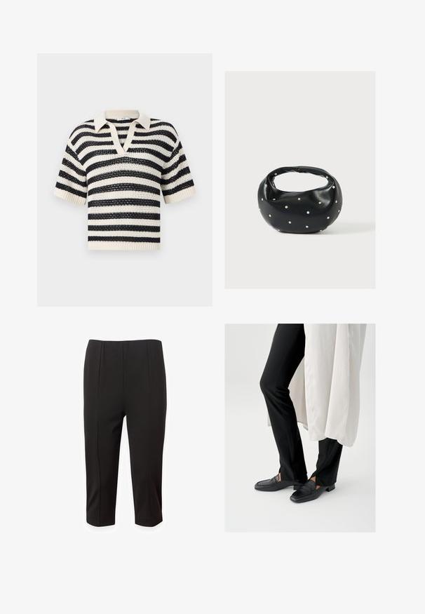 Pull en maille à manches courtes avec des rayures horizontales noires et blanches et un col en V sur fond uni.; Pantalons courts noirs en tissu lisse, avec un design ajusté comprenant des plis avant et une coupe droite. Pas de poches visibles ni d'ornements.; Mocassins en cuir noir avec un bout carré et un petit talon carré, associés à un pantalon noir ajusté et une couche extérieure blanche fluide.; Sac à main en cuir noir de forme arrondie, décoré de clous argentés et équipé d'une poignée courte. Texture lisse et fermeture éclair.