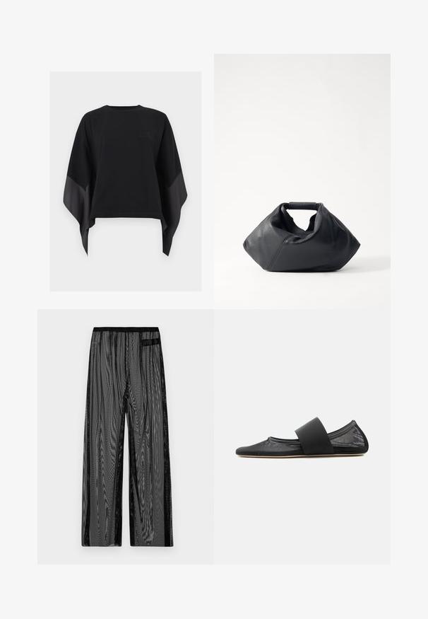 Haut noir surdimensionné avec des manches larges et asymétriques dotées de panneaux en tissu transparent et d'un détail subtil avec logo sur la poitrine.; Pantalons en mesh noir avec une coupe large, dotés d'une taille élastique noire et de poches latérales. Tissu léger et texturé.; Chaussure plate en mesh noir avec bout arrondi et large bride élastique sur le cou-de-pied, vue de profil sur fond uni.; Sac en cuir noir avec un extérieur texturé, une forme froissée unique et une courte poignée. Dispose d'un seul compartiment principal.
