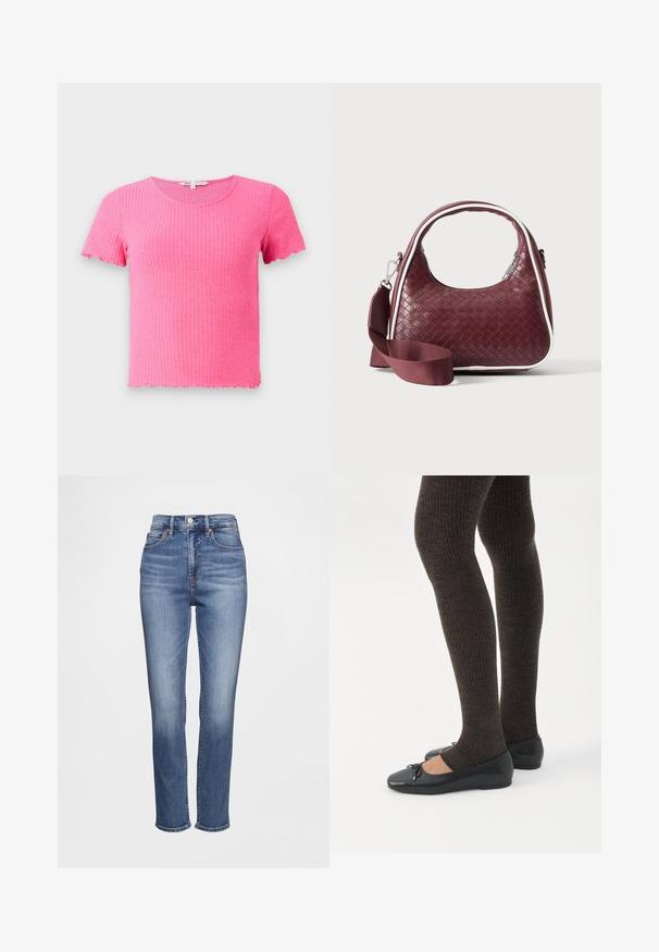 T-shirt rose à manches courtes avec un col rond et des bords festonnés, fabriqué à partir d'un matériau doux et extensible.; Jean bleu taille haute en denim, doté d'un design classique à cinq poches, de légères usures et d'une coupe droite.; Jambes portant des leggings côtelés foncés associés à des ballerines noires avec de petits détails en nœud sur fond blanc.; Sac à main en cuir tressé marron foncé avec poignée courbée, garniture blanche, fermeture éclair argentée et bandoulière large en tissu amovible sur fond uni.