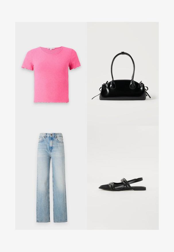Roze geribbelde T-shirt met korte mouwen, een ronde halslijn en gegolfde randen, gemaakt van een zacht, rekbaar materiaal.; Lichtblauwe wijde jeans van denim, met een hoge taille, subtiele vervaging en een traditionele vijf-pocketontwerp met contrasterende stiksels.; Even&Odd by Zalando Slingback ballerina´s - black; Kleine zwarte glanzende handtas met twee lange hengsels en zijkant trekkoord details op een effen lichte achtergrond.