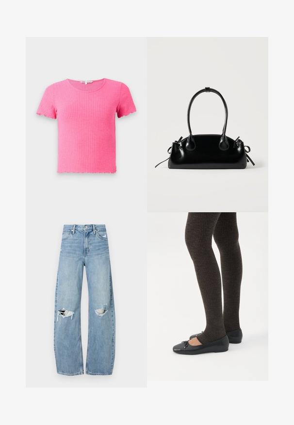 T-shirt rose à manches courtes avec un col rond et des bords festonnés, fabriqué à partir d'un matériau doux et extensible.; Jeans en denim bleu clair à taille haute. Présentent des jambes larges, deux zones déchirées aux genoux et un style classique à cinq poches.; Jambes portant des leggings côtelés foncés associés à des ballerines noires avec de petits détails en nœud sur fond blanc.; Petit sac à main noir brillant avec deux longues anses et des détails à cordon sur les côtés sur un fond clair uni.