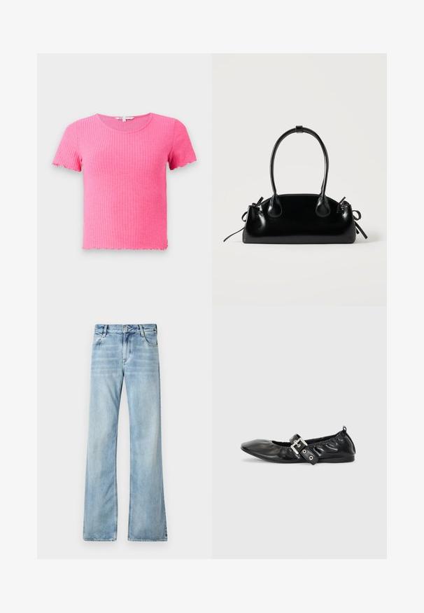 Roze geribbelde T-shirt met korte mouwen, een ronde halslijn en gegolfde randen, gemaakt van een zacht, rekbaar materiaal.; Lichtblauwe flared jeans van denim, met een vijf-pocket ontwerp, knoopsluiting en subtiele vervaging voor een versleten effect.; Zwarte leren platte schoen met een spitse neus, geplooide details rond de opening en een zilveren gespaccentueerde verstelbare band.; Kleine zwarte glanzende handtas met twee lange hengsels en zijkant trekkoord details op een effen lichte achtergrond.