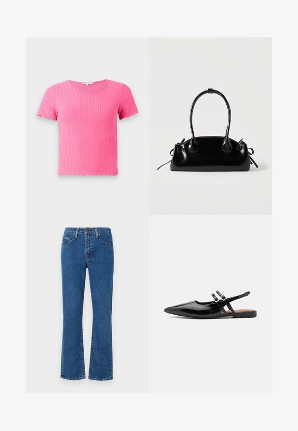 Roze geribbelde T-shirt met korte mouwen, een ronde halslijn en gegolfde randen, gemaakt van een zacht, rekbaar materiaal.; Lichtblauwe denim jeans met een rechte snit, vijf-pocket ontwerp en gestikte details. De stof is textuur met lichte vervaging.; Zwarte gepatineerde leren slingback schoenen hebben een spitse neus, twee banden met gespsieraden en een platte zool.; Kleine zwarte glanzende handtas met twee lange hengsels en zijkant trekkoord details op een effen lichte achtergrond.