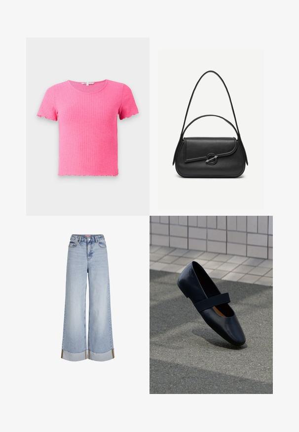 Camiseta rosa de manga corta con cuello redondo y bordes ondulados, hecha de un material suave y elástico.; Vaqueros de pierna ancha de color azul claro con cintura alta, dobladillos deshilachados y detalles de costura en contraste, fabricados en tejido de mezclilla.; Zapato plano de cuero negro con punta redonda, que presenta una suave correa elástica negra sobre la parte superior. Textura suave y diseño minimalista.; Bolso de cuero negro con bordes redondeados, solapa asimétrica, cierre circular de metal y correas de hombro cortas y largas.