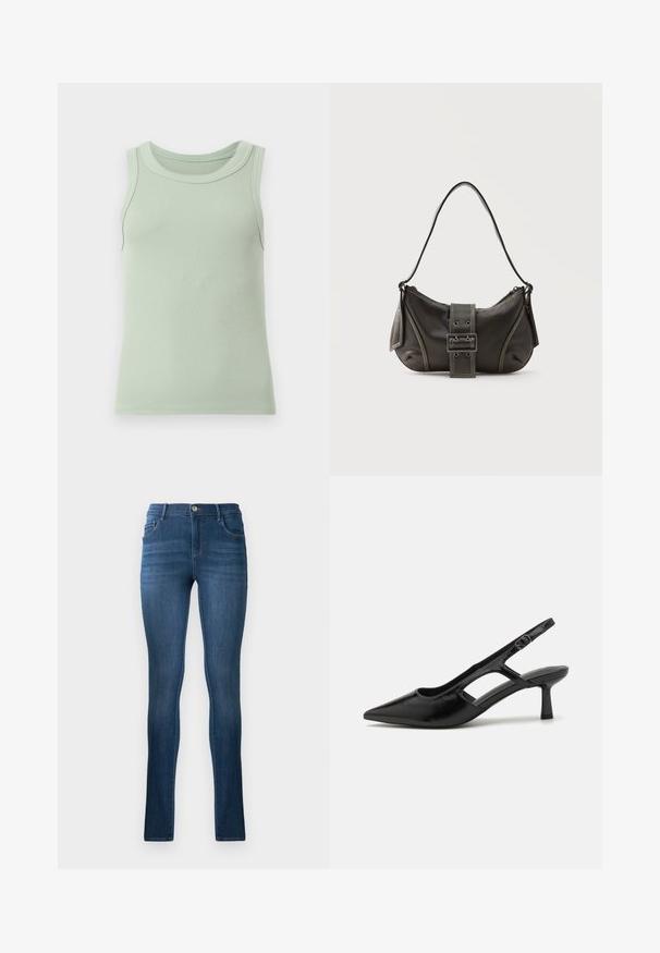 Lichtgroen geribd mouwloos tanktop met een ronde hals, getoond tegen een effen witte achtergrond.; Skinny jeans in donkerblauwe denim, met een hoge taille, klassiek vijf-pocket ontwerp en subtiele vervaging. Inclusief metalen knoopsluiting.; Zwarte slingback hakken met een spitse neus, gemaakt van glanzend materiaal, met uitsnijdingen en een gematigde hak voor ondersteuning.; Zwarte leren schoudertas met gespsluiting aan de riem, afgeronde hoeken en contrasterende witte stiksels op een effen achtergrond.