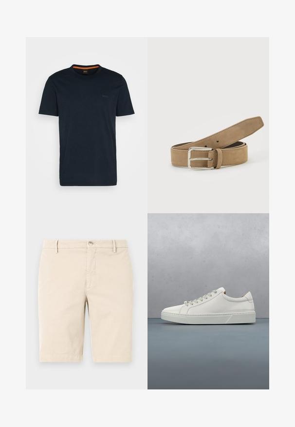 T-shirt bleu marine à manches courtes en coton doux, avec un col rond et un subtil logo "BOSS" sur le côté gauche de la poitrine. Accent orange à l'intérieur.; Shorts en coton beige avec une taille plate, une fermeture éclair, un bouton et des poches latérales. Texture lisse et design longueur genou.; Baskets en cuir blanc avec un bout arrondi, design minimaliste, lacets gris et semelle en caoutchouc gris texturé. Détails de couture subtils visibles.; Ceinture en daim marron clair avec boucle métallique argentée, roulée et posée sur une surface blanche.