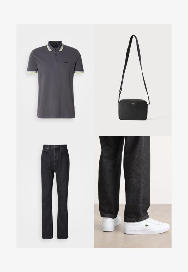 Grijze polo shirt van katoen met een drieknoopsluiting, met contrasterende geel en witte gestreepte accenten op de kraag en mouwen.; Hoge taille zwarte denim jeans met een knoop- en ritssluiting, voor- en achterzakken en een rechte pasvorm.; Witte leren sneakers met een laag profiel en een groen logo, gecombineerd met donkere spijkerbroek met gele stiksels.; Zwarte rechthoekige crossbodytas met verstelbare band en BOSS-logo aan de voorkant, tegen een effen lichte achtergrond.