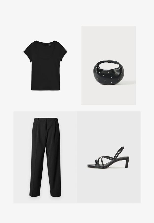 T-shirt noir à manches courtes avec encolure ronde, posé à plat sur fond blanc, montrant la vue de face et la texture du tissu.; Pantalons noirs ajustés à coupe droite, avec un tissu texturé, des plis sur le devant et une ceinture lisse.; Sandale noire à lanières avec un bout carré et un petit talon bloc. Elle présente plusieurs fines lanières et une sangle de cheville ajustable. Fabriquée en cuir lisse.; Sac à main en cuir noir de forme arrondie, décoré de clous argentés et équipé d'une poignée courte. Texture lisse et fermeture éclair.