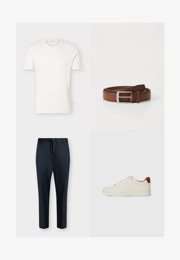 T-shirt blanc uni à manches courtes et col rond, présenté sur un fond neutre, vue de face et étiquette à l’intérieur de l’encolure.; Pantalon slim bleu foncé avec taille à cordon, passants de ceinture et fermeture par bouton sur fond uni.; Baskets blanches en cuir avec une surface texturée, présentant trois bandes latérales et un accent marron sur le talon. Fermeture à lacets et semelle plate.; Ceinture en cuir brun au fini lisse, avec une boucle en métal argenté et une couture subtile le long des bords. Design classique et durable.