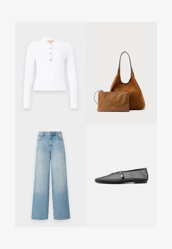 Witte geribde lange mouwen polo met kraag en vier zilveren knopen op de knopenlijst.; Lichtblauwe wijde jeans met een hoge taille, met vervaging bij de benen, riemlussen en een traditionele metalen knoop en ritssluiting.; Zwarte platte schoen met een lage hak, mesh bovenkant en een dunne band met gouden knoopdetail over de wreef.; Bruine suède totebag met een slungelige vorm en een gladde bruine leren pouch. De tote heeft een enkele schouderband en geen zichtbare hardware.