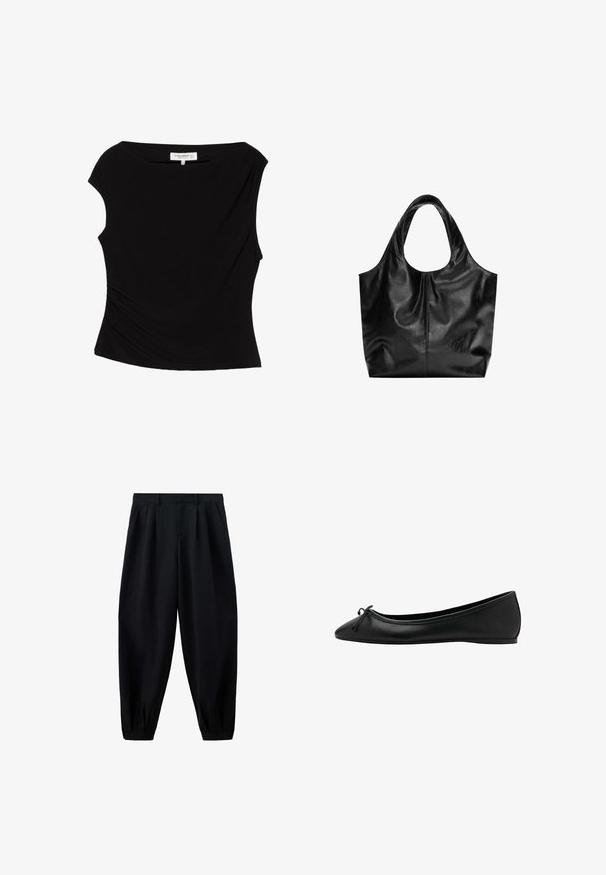 Zwart, mouwloos aangesloten top met boothals en subtiele plooitjes aan de zijkant, maat medium van Pull&Bear.; Zwarte, hooggetailleerde taps toelopende broek met plooien in de taille en bij de boorden, en zijzakken, getoond op een witte achtergrond.; Zwarte leren ballerina met puntige neus en klein strikdetail aan de voorkant, platte zool, zijaanzicht.; Zwarte leren tote bag met een gladde textuur, een zachte ronde bovenkant en brede handvatten. Kenmerkt zich door minimale stiksels en een slungelige silhouet.
