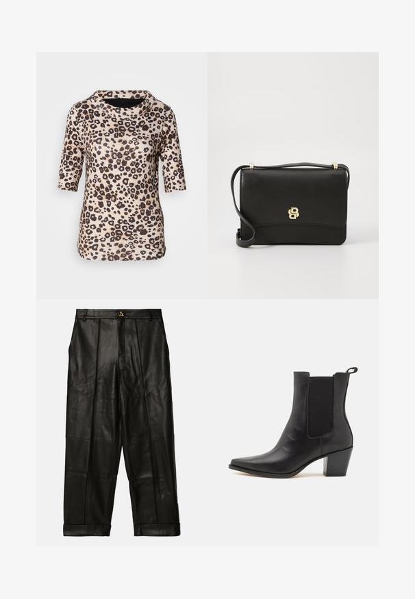 Top de manga corta de estampado de leopardo en tonos beige y marrón, con un corte holgado y cuello redondo, confeccionado en una tela texturizada.; AERON ZIMA PANTS - Pantalón de cuero - black; Dolce Vita SHADIE - Botines - black; Bolso cruzado de cuero negro con una textura suave, que cuenta con un acento de logo dorado y una larga correa ajustable. Diseño rectangular compacto.