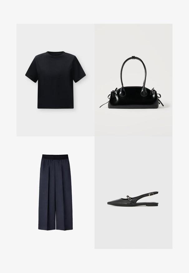 T-shirt noir uni à manches courtes avec col rond et ourlet droit sur fond gris clair.; Pantalons larges bleu marine foncé avec une ceinture élastique noire, dotés de plis avant et d'un tissu lisse et texturé.; Chaussures slingback en cuir noir avec un bout pointu, comprenant une lanière étroite et un accent de boucle argentée sur le côté. Semelle plate.; Petit sac à main noir brillant avec deux longues anses et des détails à cordon sur les côtés sur un fond clair uni.