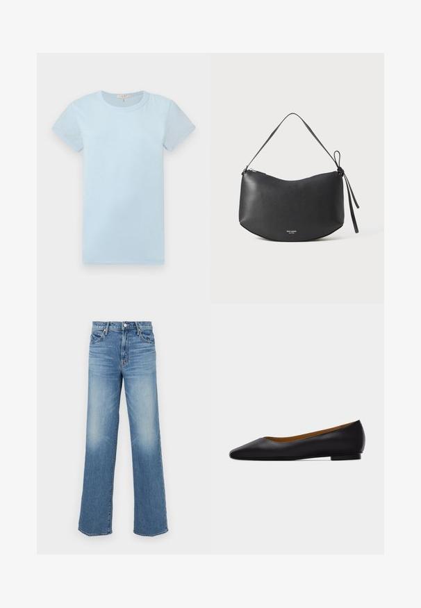 rag & bone T-shirt basique - raindrop; Mother MID RISE TUNNEL VISION SNEAK SUPERIOR - Jean boyfriend - blue denim; Chaussure plate en cuir noir à bout pointu avec talon bas et finition lisse, vue de côté sur un fond gris clair.; Sac à bandoulière en cuir noir avec une forme courbe, fermeture éclair et une anse nouée. Présente un logo discret à l'avant. Texture lisse.