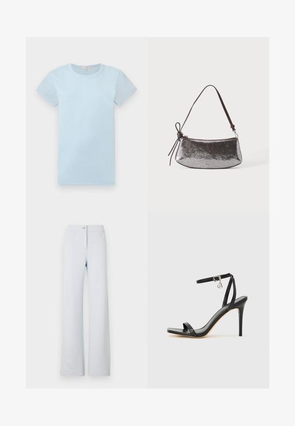rag & bone T-shirts basic - raindrop; Lysblå brede bukser lavet af blød stof, med lukning foran med knap, bæltesløjfer og to sidelommer. Glat tekstur og enkelt design.; Sort hæl-sandal med smal ankrem, firkantet tå-boks, glat lædermateriale og metalspænde som pynt.; Lille metallic sølv håndtaske med tekstureret overflade, kort mørkebrun rem og dekorativt bundet sløjfe på den ene side.