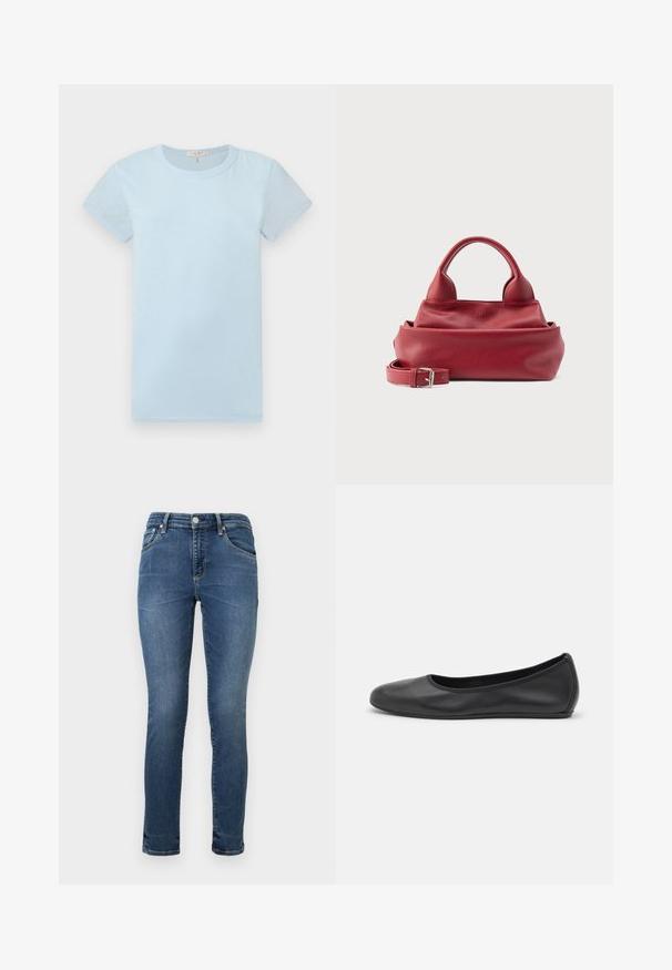 rag & bone T-shirts basic - raindrop; Mørkeblå denim skinny jeans med en almindelig talje, fem lommer og subtil fading nær lårene. Afsluttet med syede sømme.; Sort læderballetsko med rund tå, glat tekstur, minimal syning og et fleksibelt såldesign.; Rød struktureret lædertaske med to runde håndtag og en aftagelig rem med et sølvspænde på en hvid baggrund.
