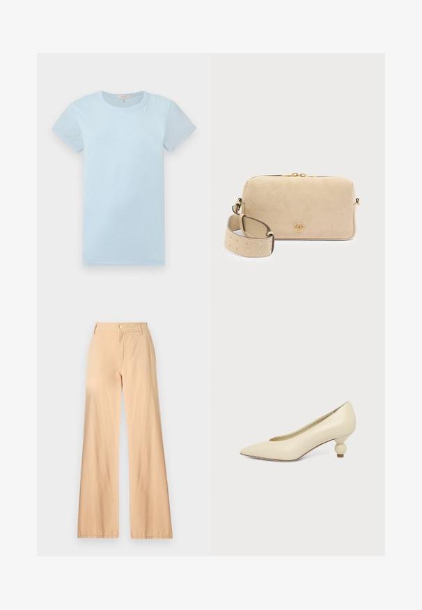 rag & bone T-shirt basique - raindrop; Pantalons larges beiges en coton, dotés d'une fermeture éclair à l'avant, d'une fermeture à bouton et de deux poches latérales avec une texture lisse.; Chaussure femme couleur crème à bout pointu avec un petit talon rond en forme de boule, sur fond uni.; Sac en daim beige à texture lisse, forme rectangulaire, fermeture à glissière et détails métalliques dorés. Comprend une bandoulière amovible avec trous.