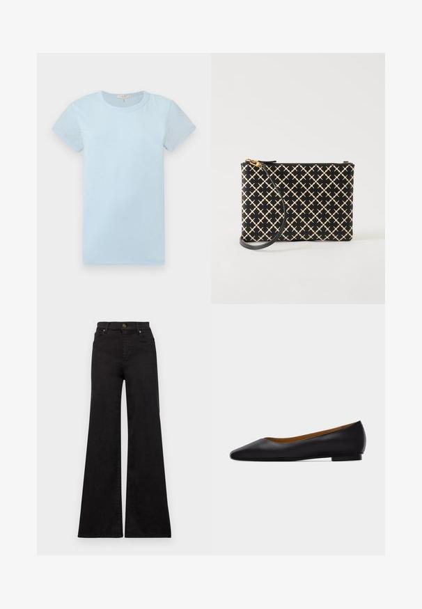 rag & bone T-shirt basique - raindrop; Jean flare noir en denim avec taille haute, présentant des poches avant et des garnitures métalliques sur le bouton et les rivets.; Chaussure plate en cuir noir à bout pointu avec talon bas et finition lisse, vue de côté sur un fond gris clair.; Pochette bracelet noire et beige à motifs avec une fermeture éclair dorée et une sangle noire amovible, présentée sur fond blanc.