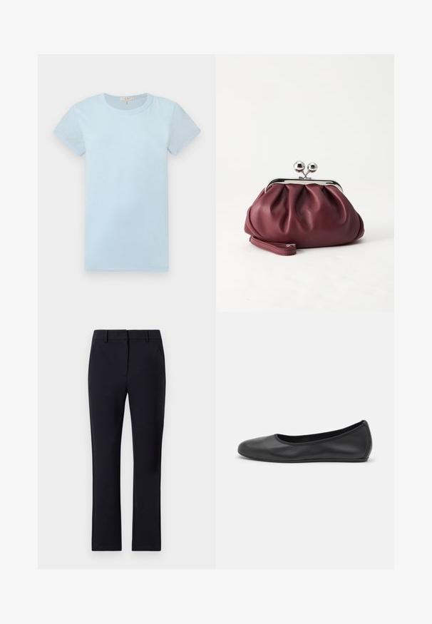 rag & bone Camiseta básica - raindrop; Pantalones de corte sastre en color azul marino con frente plano, presillas para cinturón, dos bolsillos laterales y diseño de pierna recta. Fabricados con una tela suave.; Bailarina de piel negra con punta redondeada, textura suave, detalle de costura minimalista y diseño de suela flexible.; Pequeño bolso de mano de cuero burdeos con cierre metálico plateado y correa de muñeca sobre un fondo blanco.