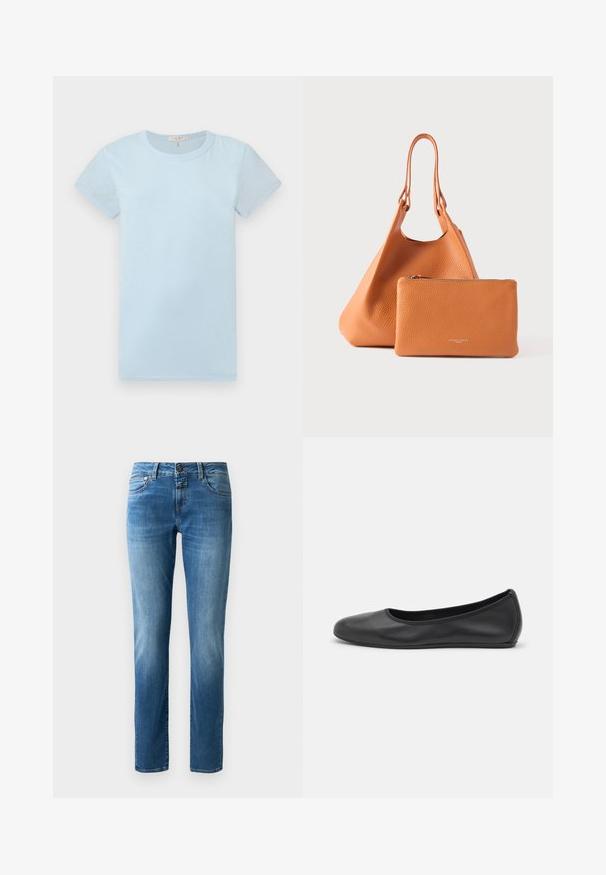 rag & bone T-shirt basic - raindrop; Blauwe denim jeans met een recht silhouet, voorzien van een knoopsluiting, vijf zakken en subtiele vervagingen. Soepele textuur met oranje stiksels.; Zwarte leren ballerina met een ronde neus, gladde textuur, minimale stikdetails en een flexibele zoolontwerp.; Oranje leren tote bag met een gestructureerde afwerking en dubbele handvatten, vergezeld van een bijpassend zippertasje. Beide items zijn glad en minimalistisch.